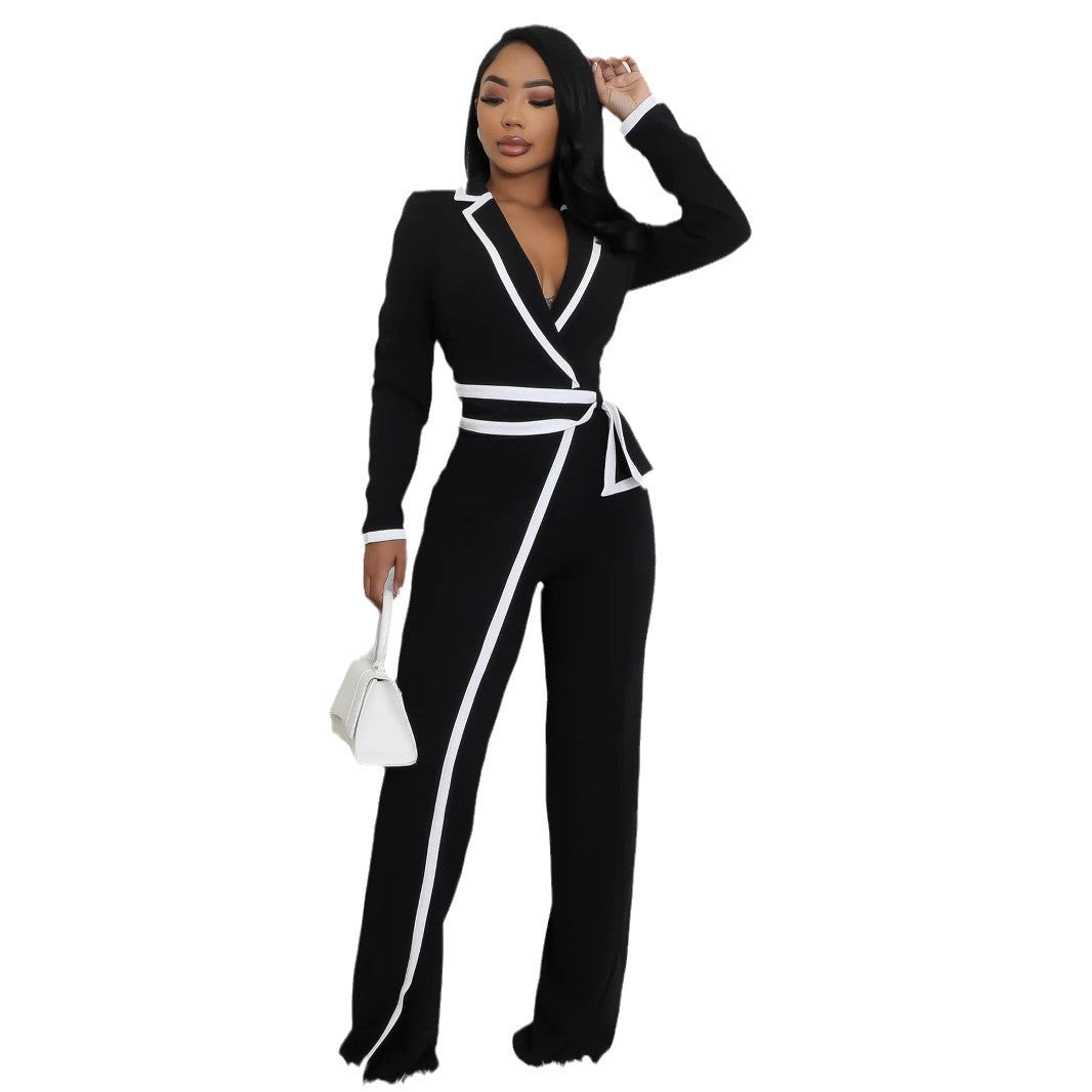 Women's Fashion Belted Design Black and White Long-Sleeve Trouser Suit