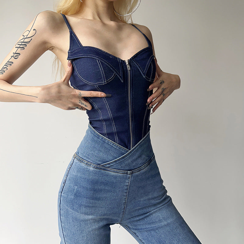 Street Fashion Sexy Sling Women's Slim Denim Jumpsuit