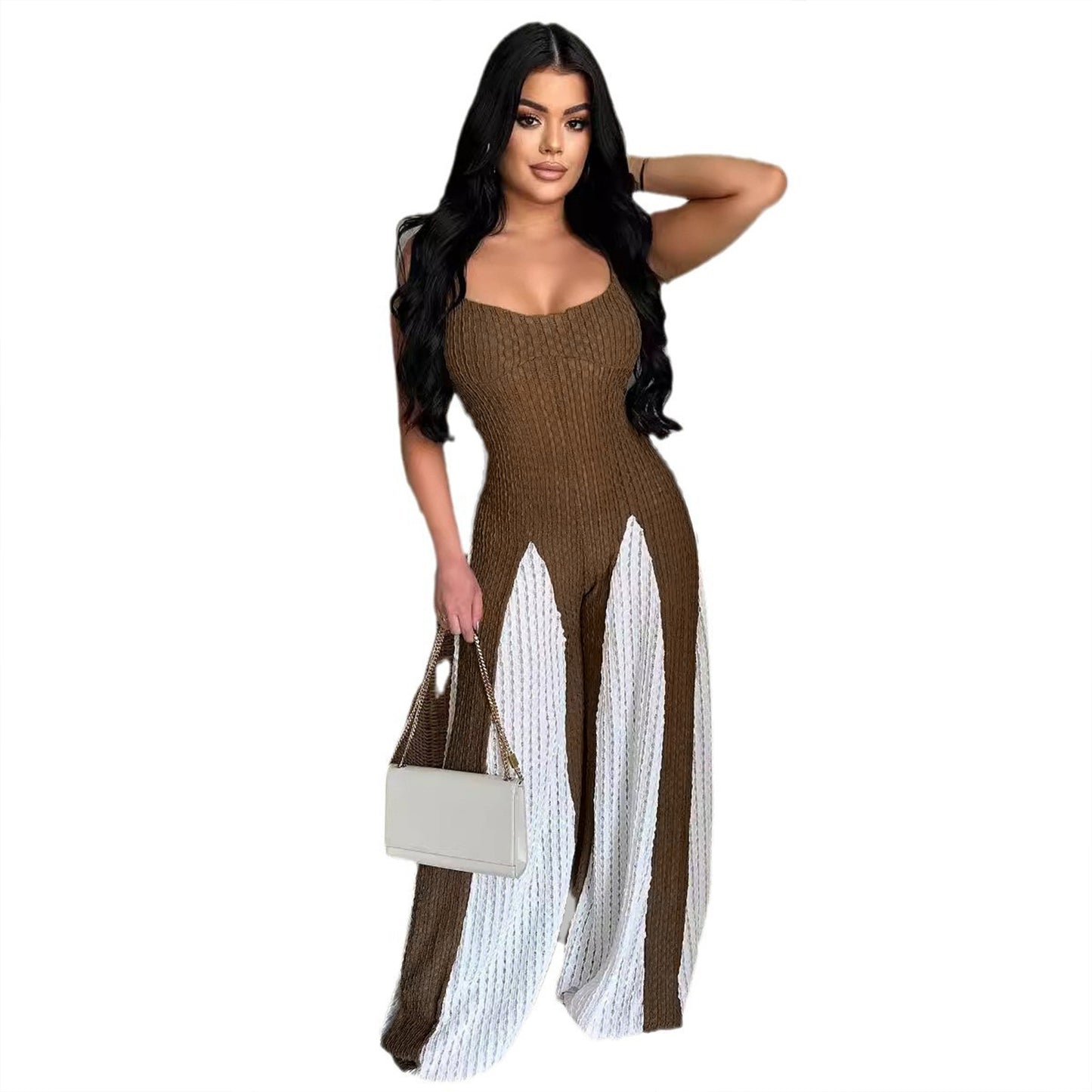 Sexy Cut-Out Wide Leg Knitted Contrast-Colour Jumpsuit
