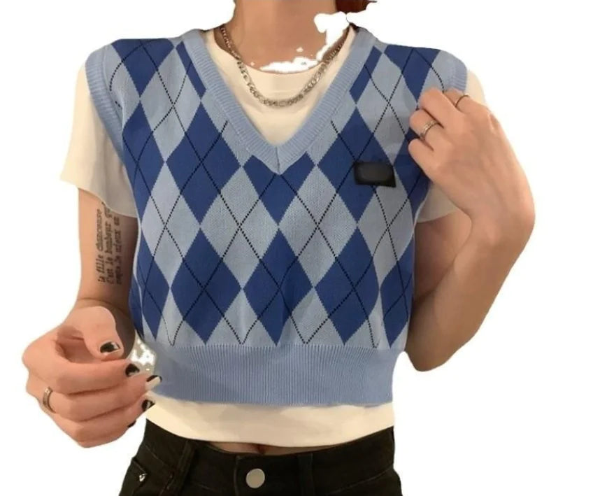 Jacquard-Knit Blue Cropped Women's Tank Top