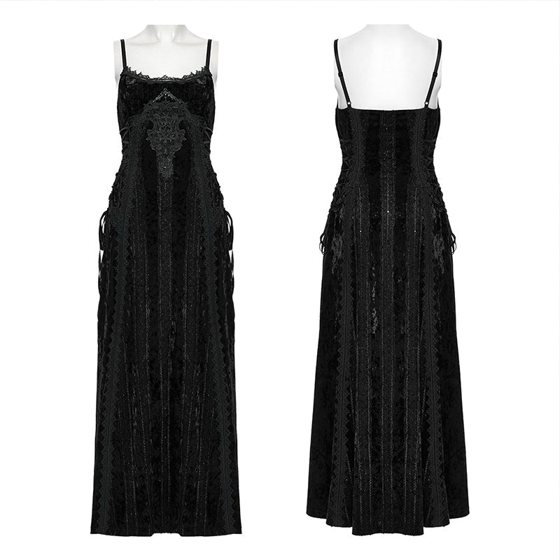 Punk Rave Morrigan Embroidered Velvet Goth Slip Dress in Black