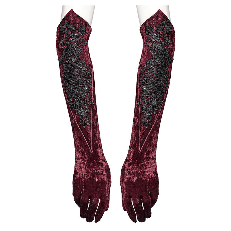 Punk Rave Selene Embroidered Velvet Gloves in Crimson