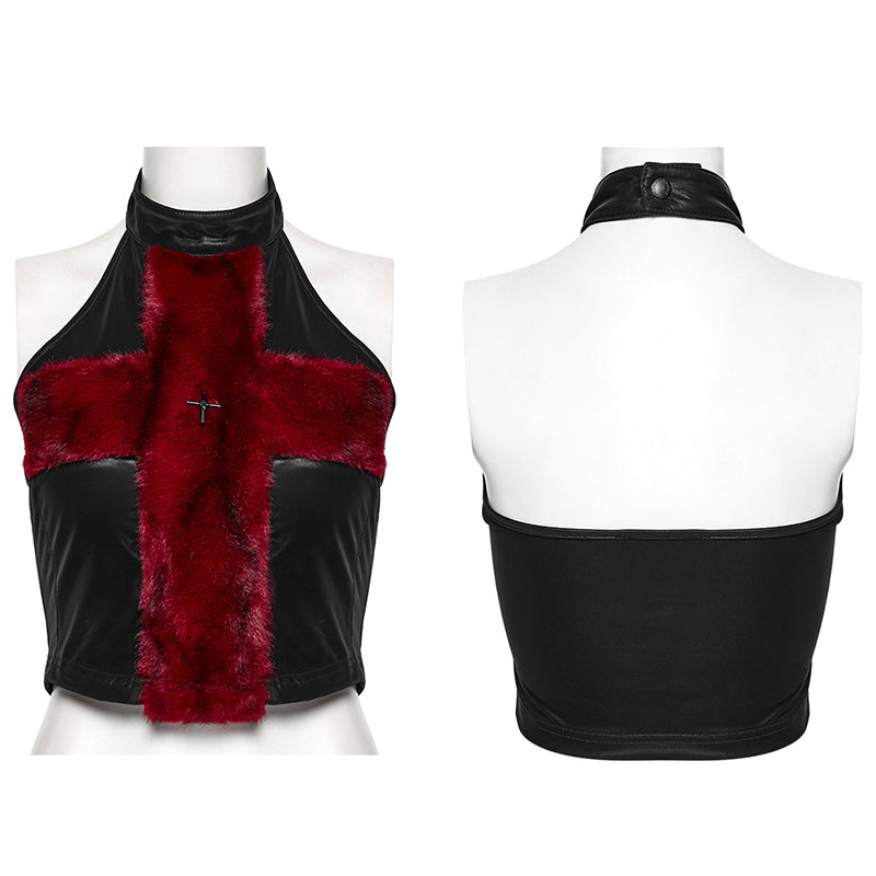 Punk Rave Valora Cross Fur Halter Top In Crimson