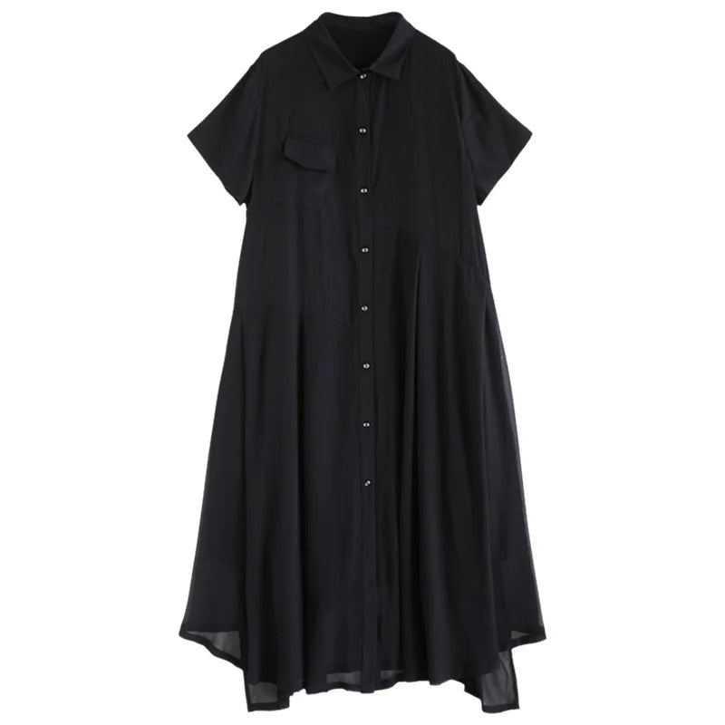 Vireous Black Chiffon Retro and Artistic Midi Dress
