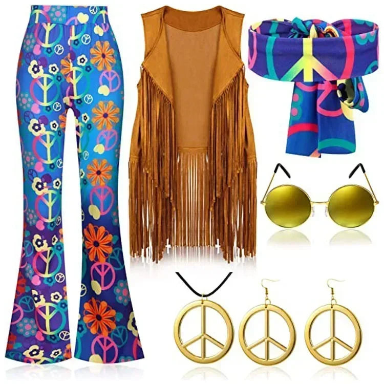 Complete Outfit, Hippie Disco 60s 70s Cosplay Costume in Floral Pink or Brown