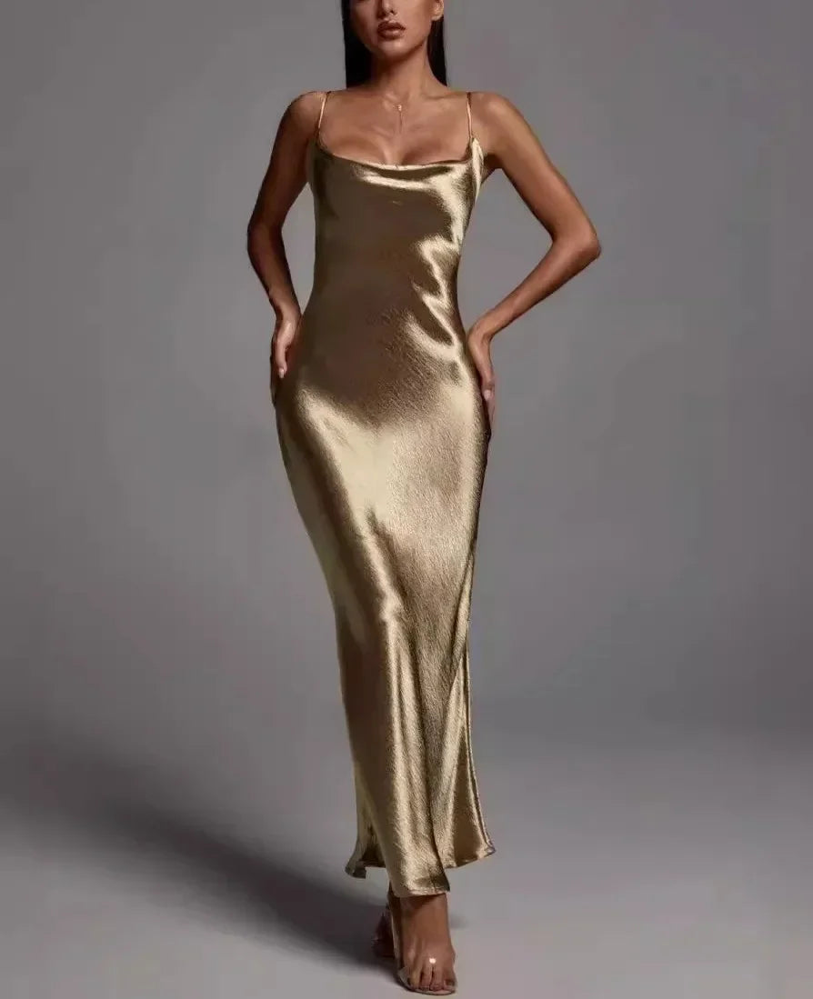 Metallic Gold Maxi Dress, Elegant Satin Backless Women's Gown