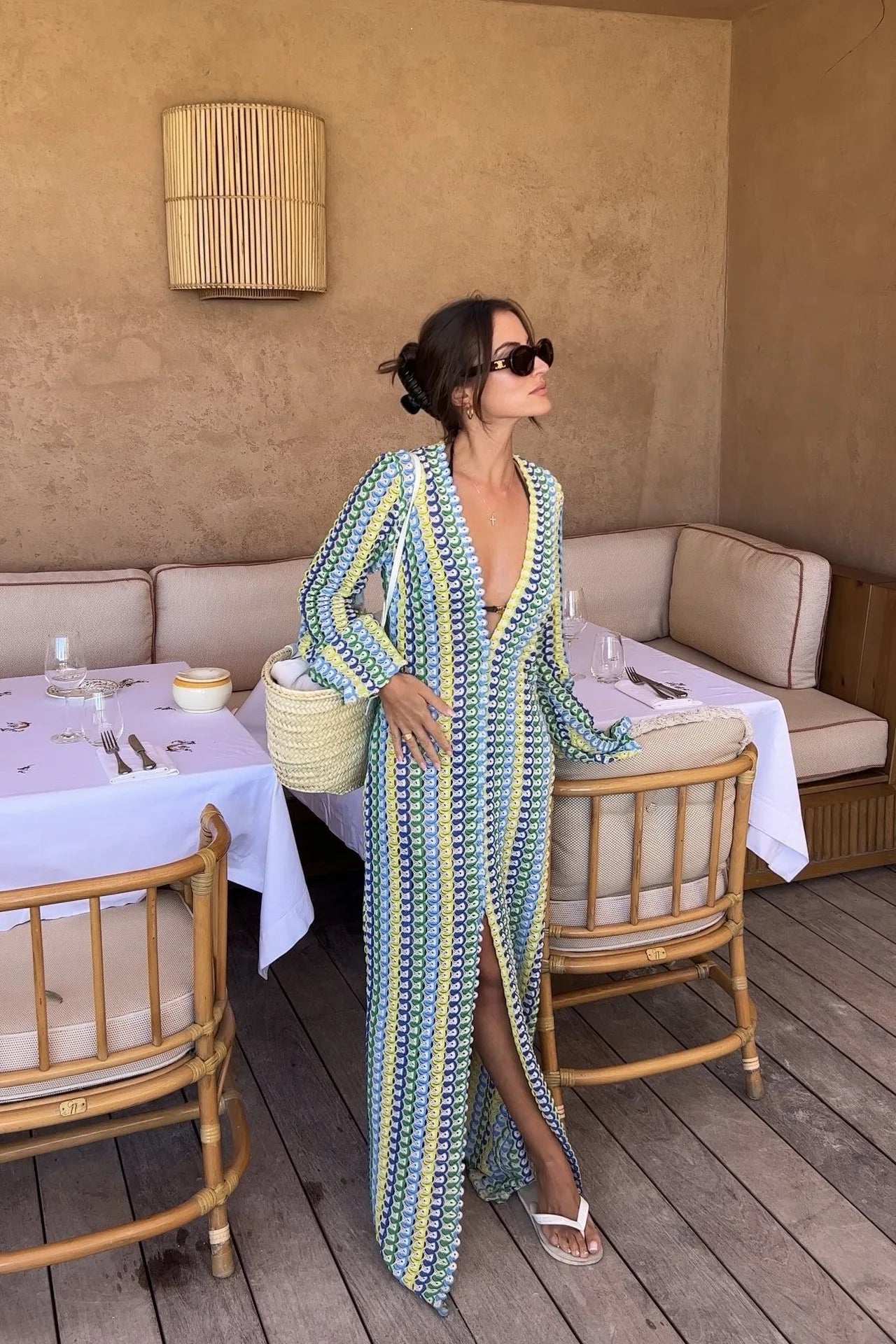 Vireous Crochet Colourful Women's Stripe Maxi Dress