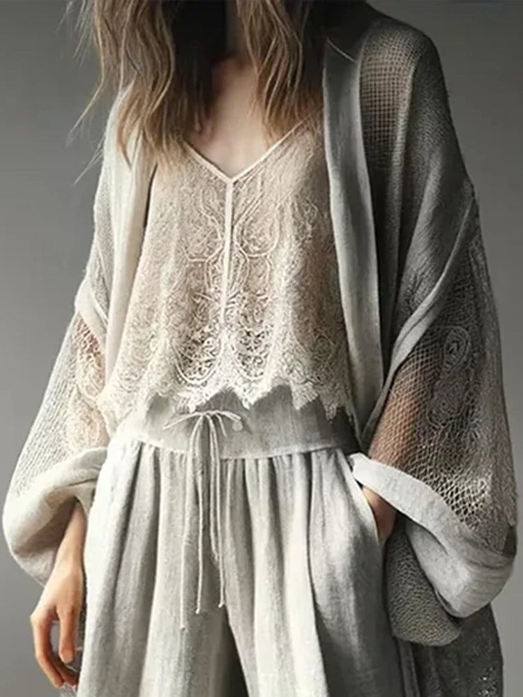 Vireous Women's Loose Cardigan Jacket, Fashion Bohemian Lace Patchwork Overwear