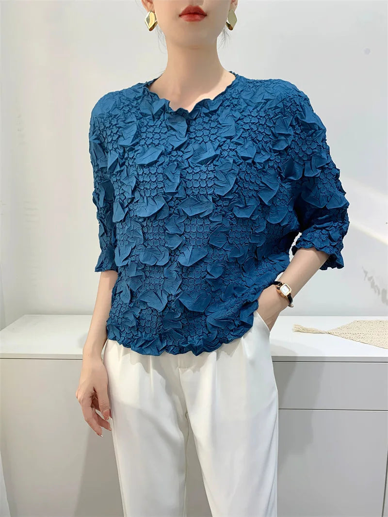 Miyake Embroidered Hand-Pleated Women's Round-Neck Top