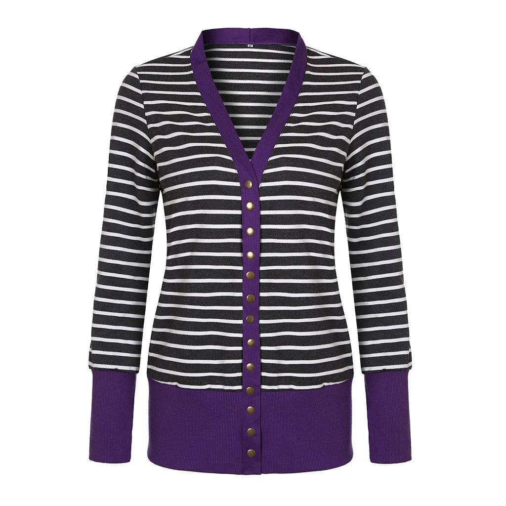 Vibrant Stripe Women's Cardigan Coat, Single Breasted Long Sleeves