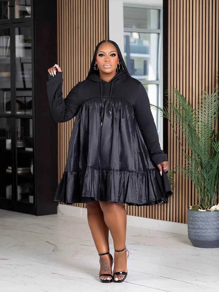 Plus-Size Preppy Hooded Casual Loose-Waist Dress
