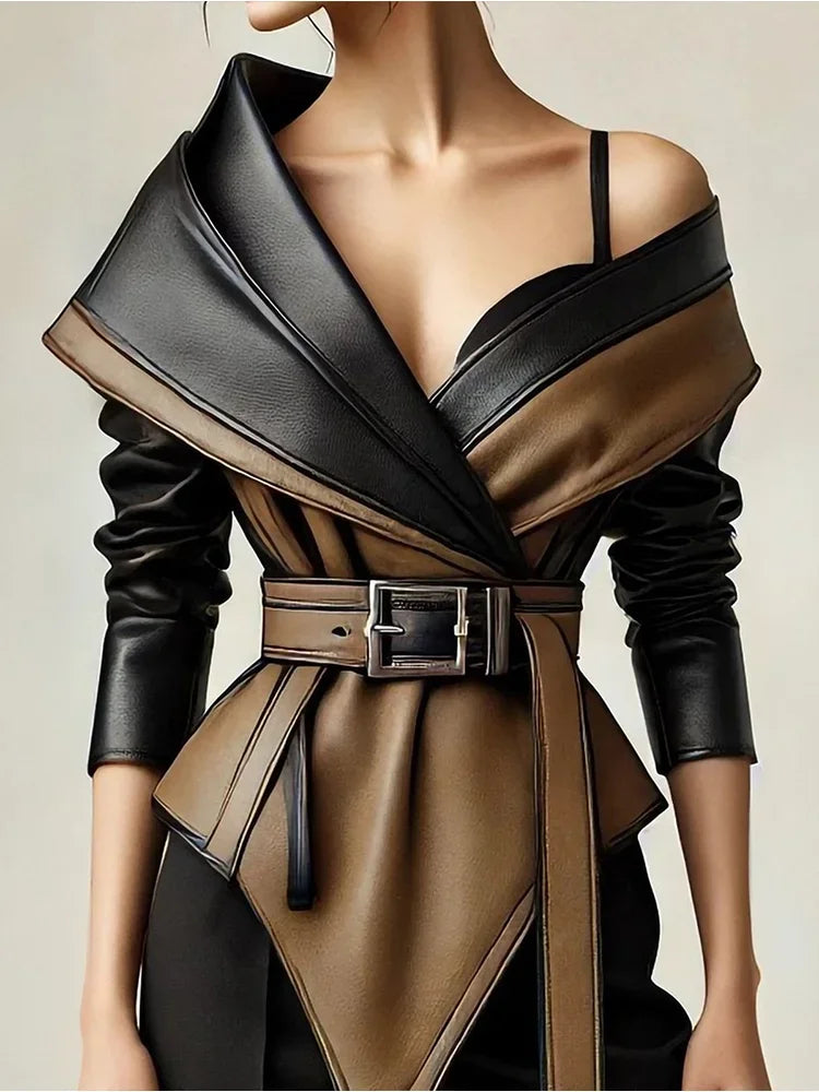 Vireous Women's Faux Leather Fashion Jacket, Irregular Off-Shoulder in Black & Brown