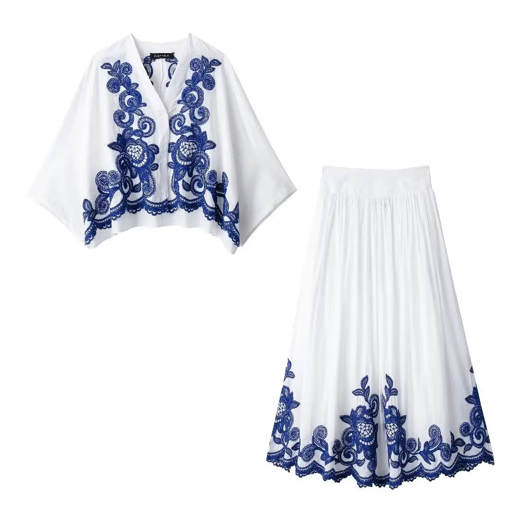 Bohemian-Style White and Blue Embroidered Two-Piece Women's Summer Set