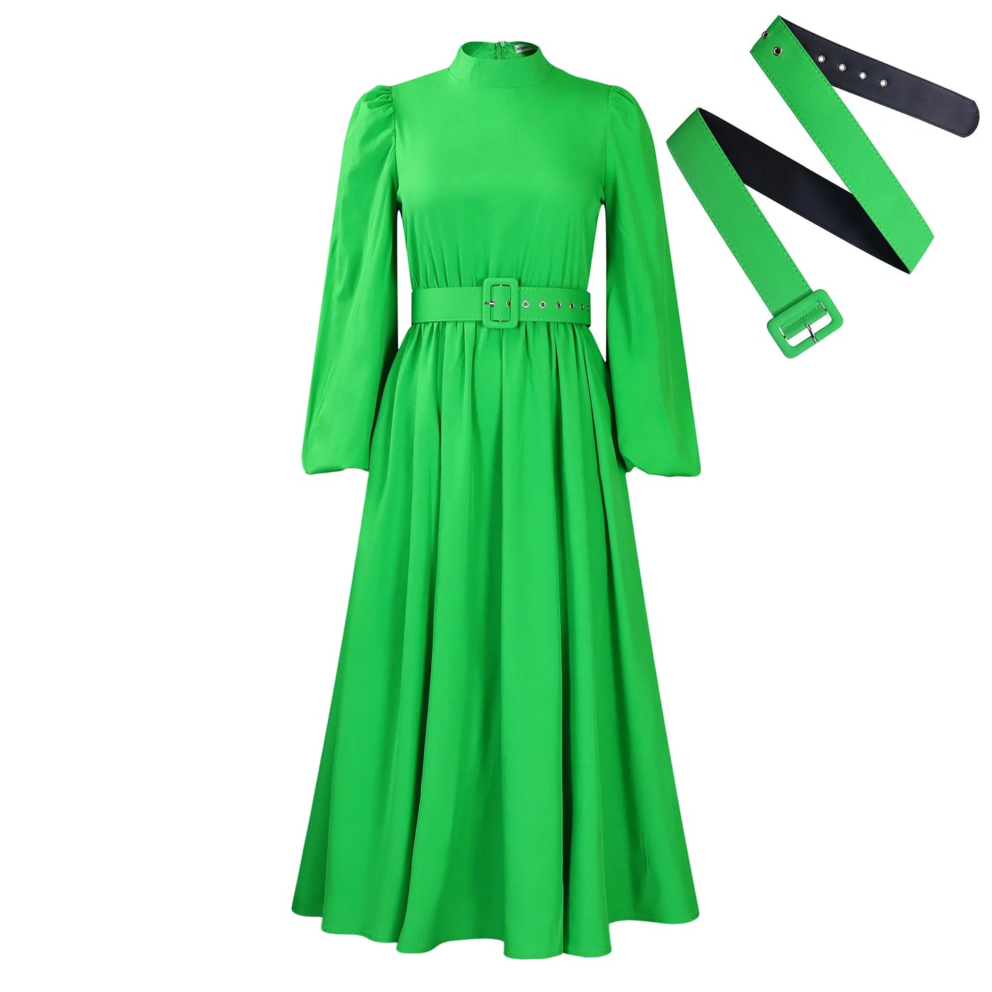 Vireous Elegant High-Neck Bubble Sleeve Midi Dress, Popping Colours