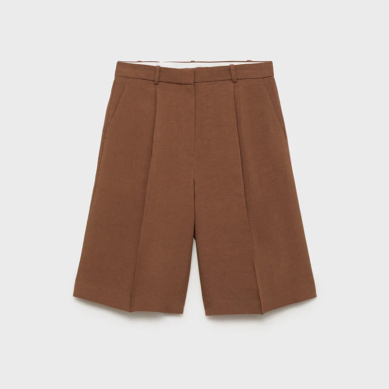 Cotton Linen Women's Belted Businesswear, Coffee Jacket and Shorts Two-Piece