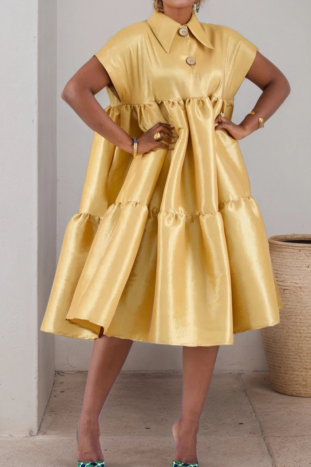 Plus-Size Women's Gold Satin Turn-Down Collar Casual Elegant Dress