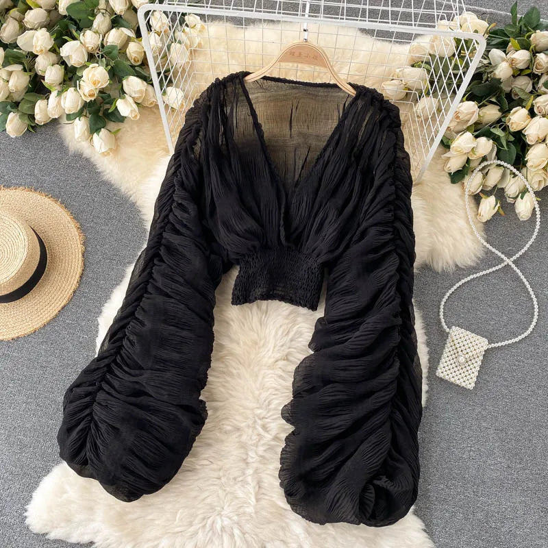 Vireous Women's Sexy Chiffon Sheer Short Blouse