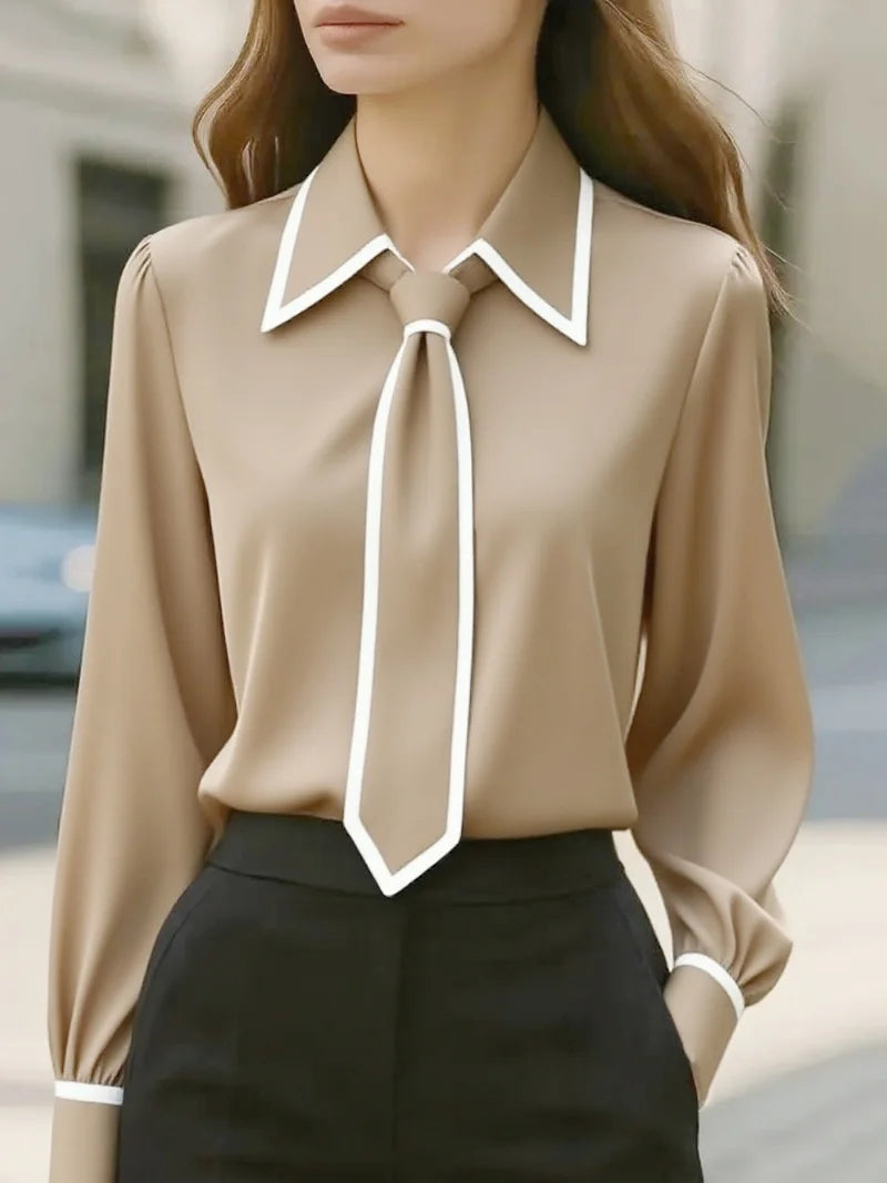 Vireous Women's Fashion Tie and Lapel Contrast-Colour Business Shirt