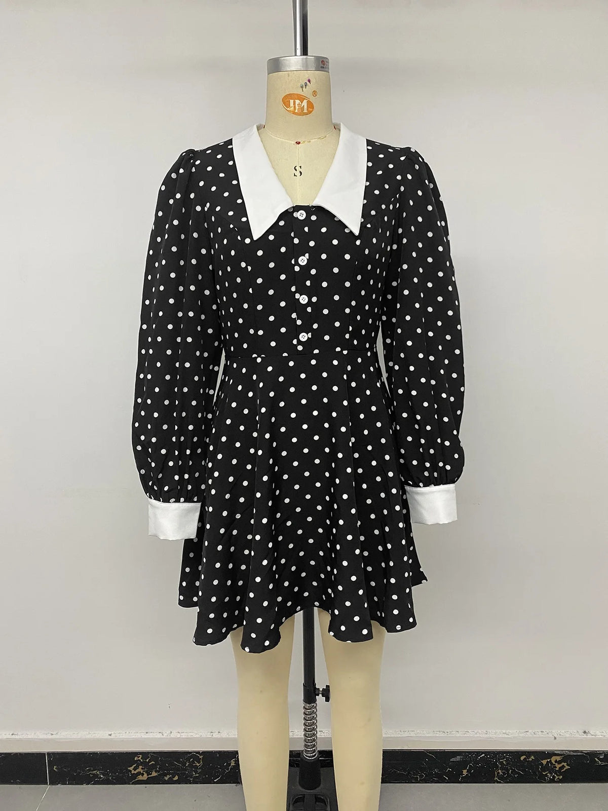 Elegant Polka Dot Cockail Dress, Long Sleeves in Black