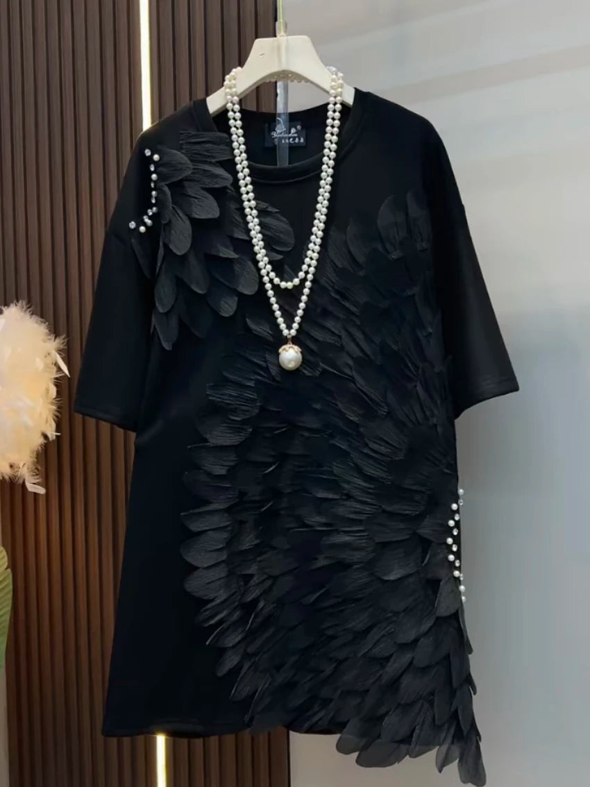 Loose Summer Glam Feather Short-Sleeve Women's Short Dress