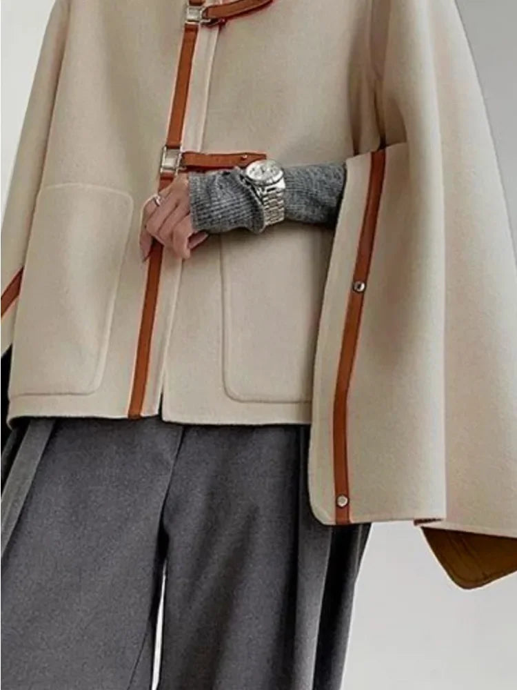 Vireous Cape Jacket Cap-Sleeves Urban Wear with Leather Buckles