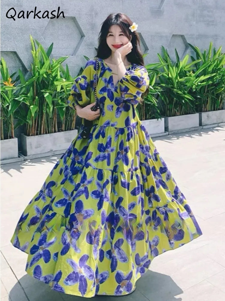 Vireous Elegant Floral Baggy Slouchy Dress