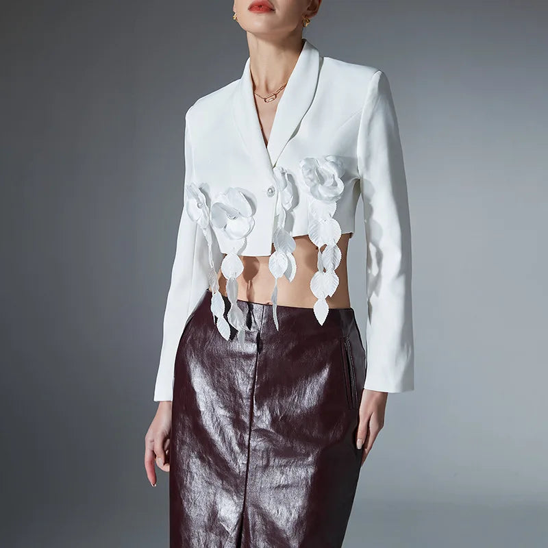 Women's Shawl Collar Cropped White Jacket with Floral Appliques, Catwalk Collection