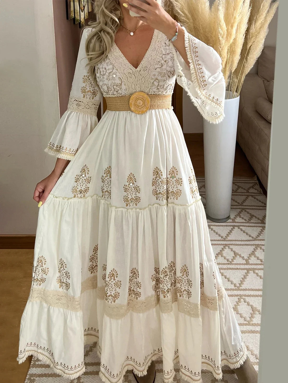 Boho Beige Lace Elegant Classic Flared-Sleeve Holiday Maxi Dress