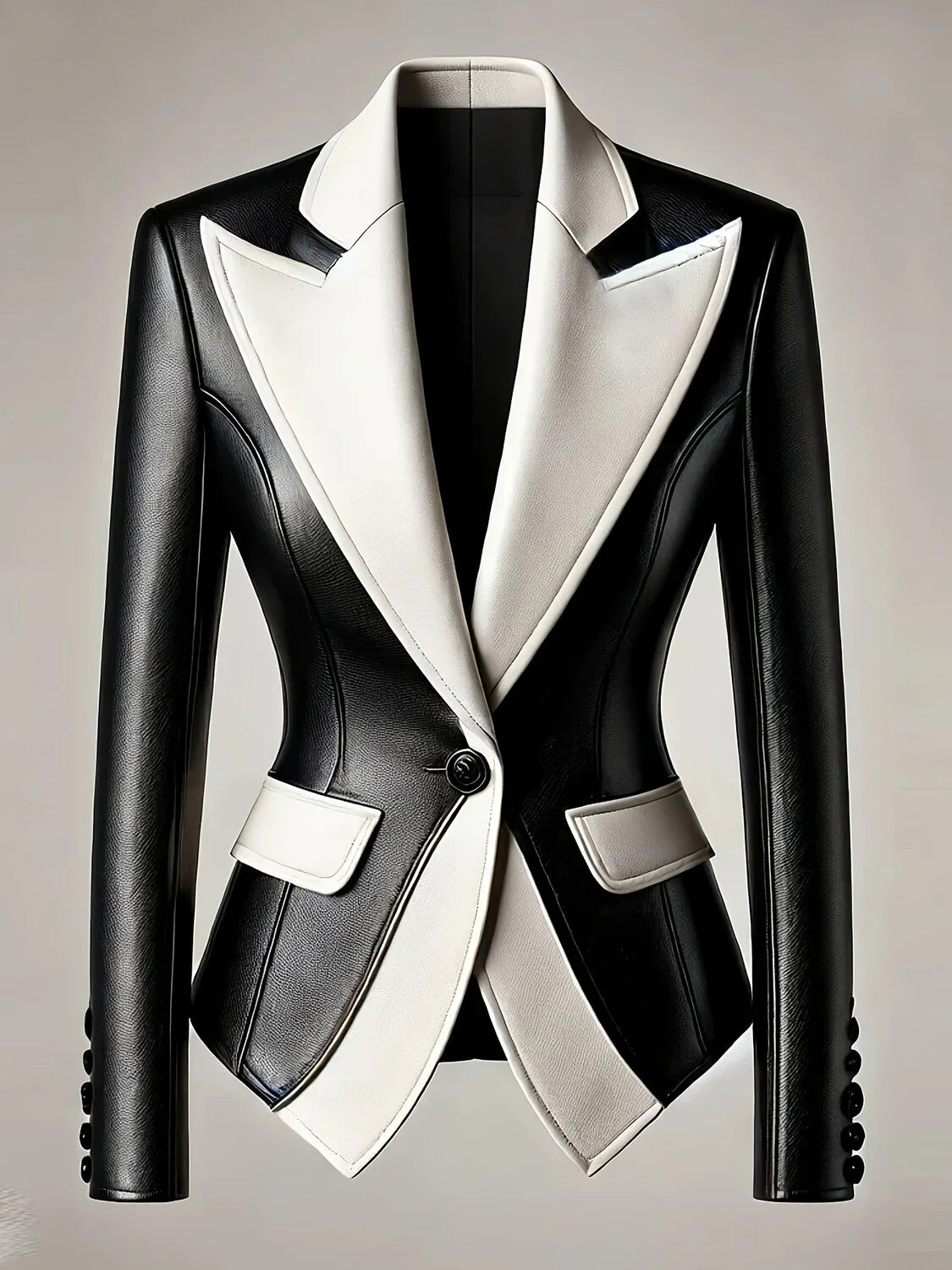 Women's Faux Leather Blazer White and Black Colourblock Notched Lapel Jacket, Plus Sizes