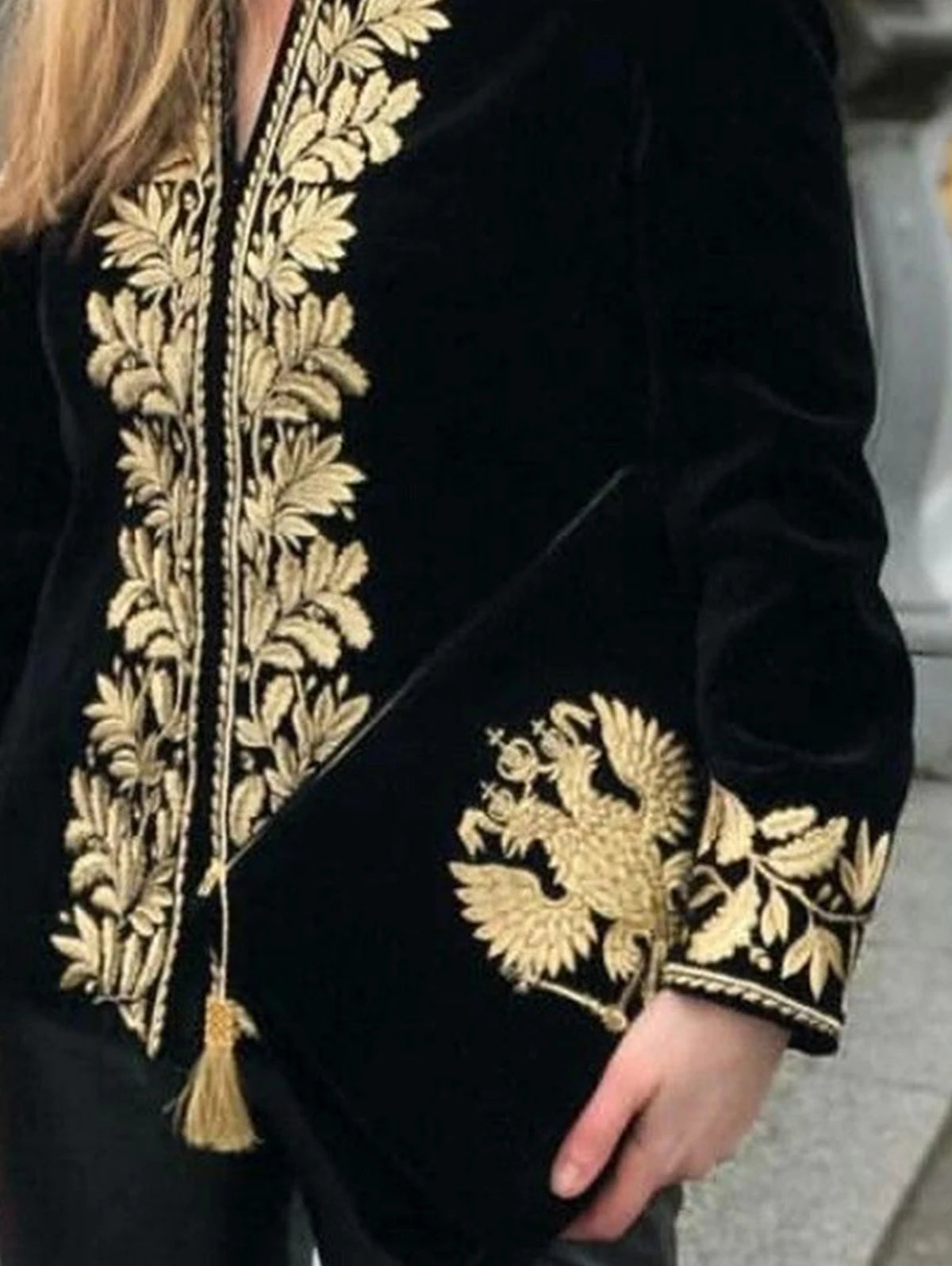 Women's Gold Braided Stand-Collar Black Velvet Blouse