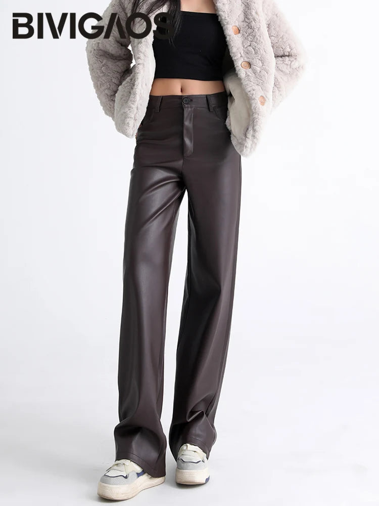 Women's Faux Leather Loose Wide-Leg Warm Lined Trousers