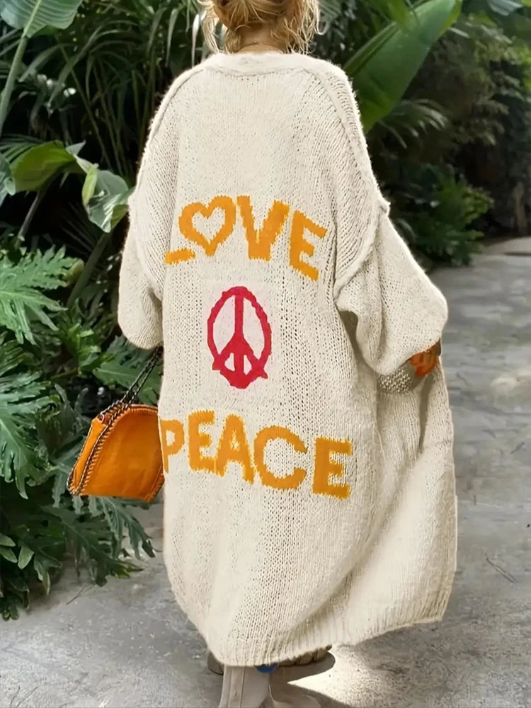 'Love and Peace' New Design Women's Long Knitted Cardigan, Sweater Coat