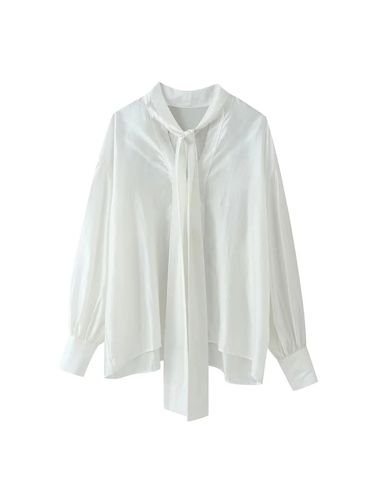 Women's Bow-Tie Drapey Casual Fashion Shirt, Long-Sleeve Blouse