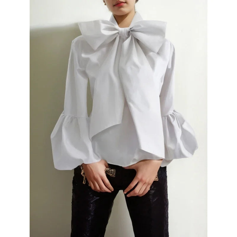 Vireous Bowknot High Collar Women's Tuxedo Shirt