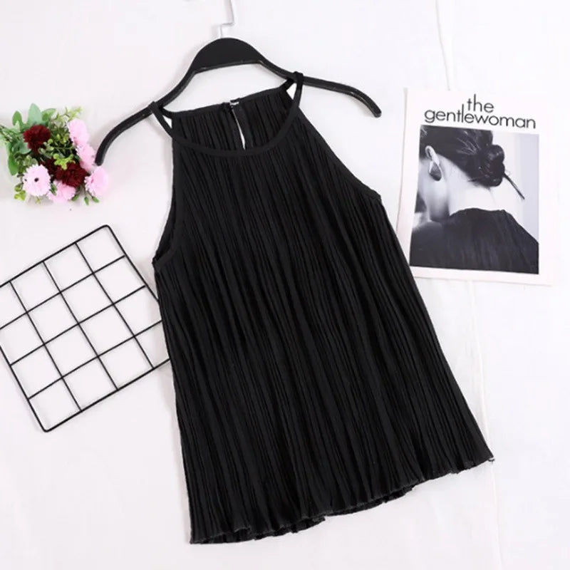 Vireous Summer Sleeveless Ribbed Chiffon Camisole Top