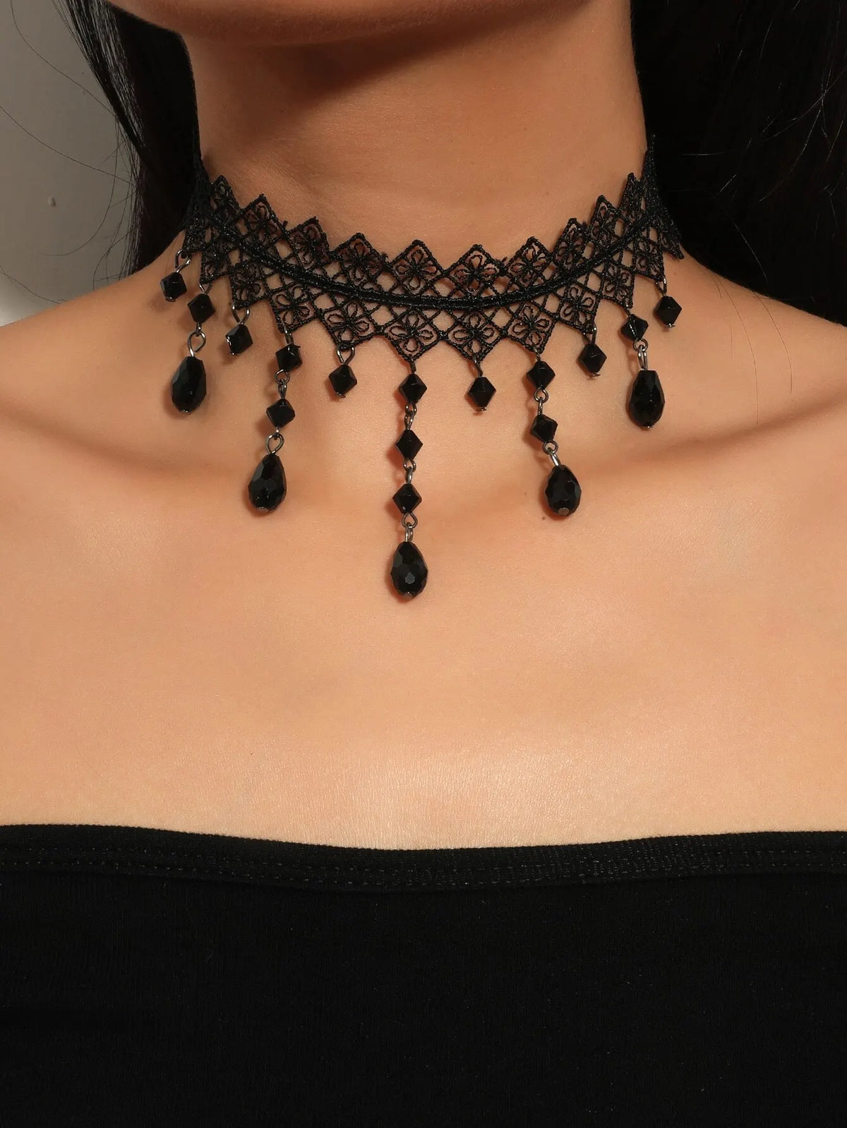 Dark Cross Black Crystal Lace Choker Necklace