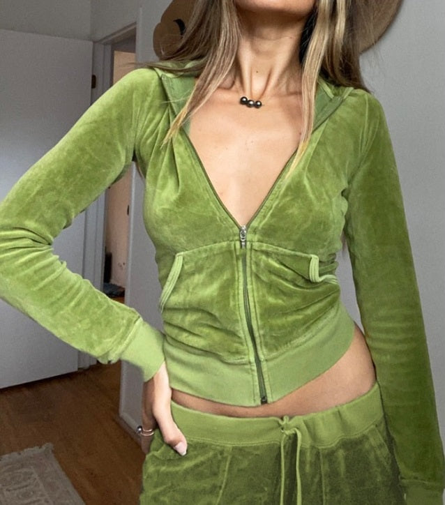 Women's Velvet Full-Zip Crop Top Retro Hoodie