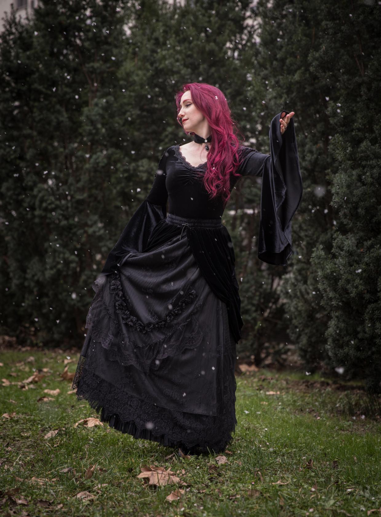 Dark In Love Violet Black Velvet Top with Dramatic Bell Sleeves