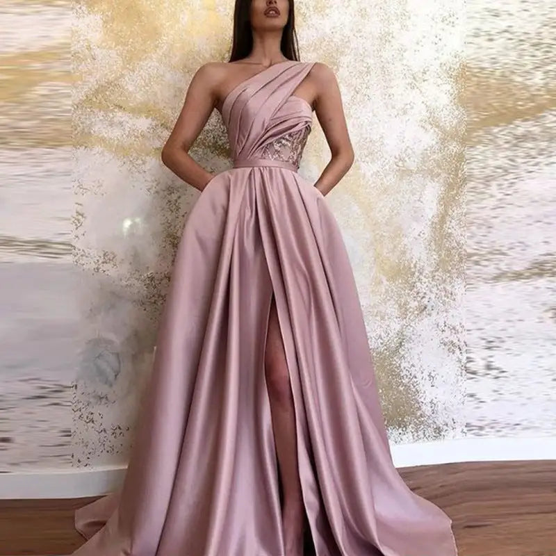 Vireous One Shoulder-Sash Blush Pink Evening Dress