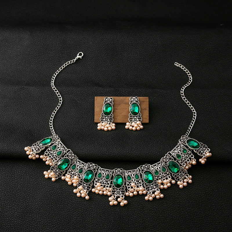 Vintage Emerald Earrings, Ethnic Style, Square Tassel Bead Pendant Jewellery Set