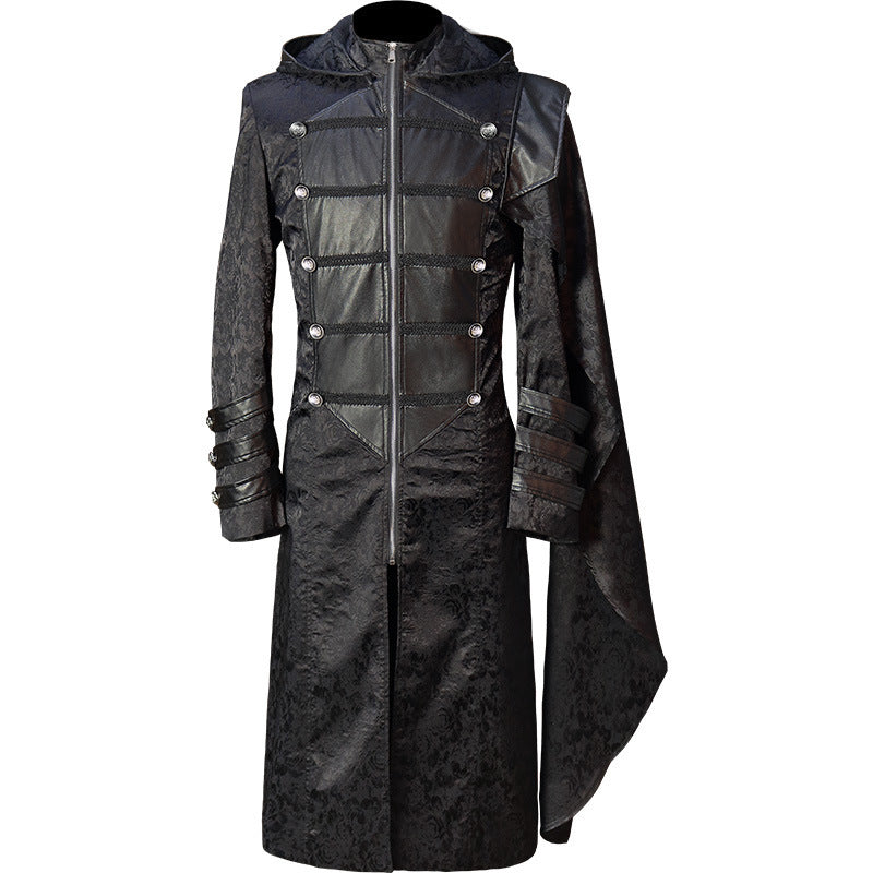 Black Unisex Leather Punk Gothic, Military-Style Cape Coat