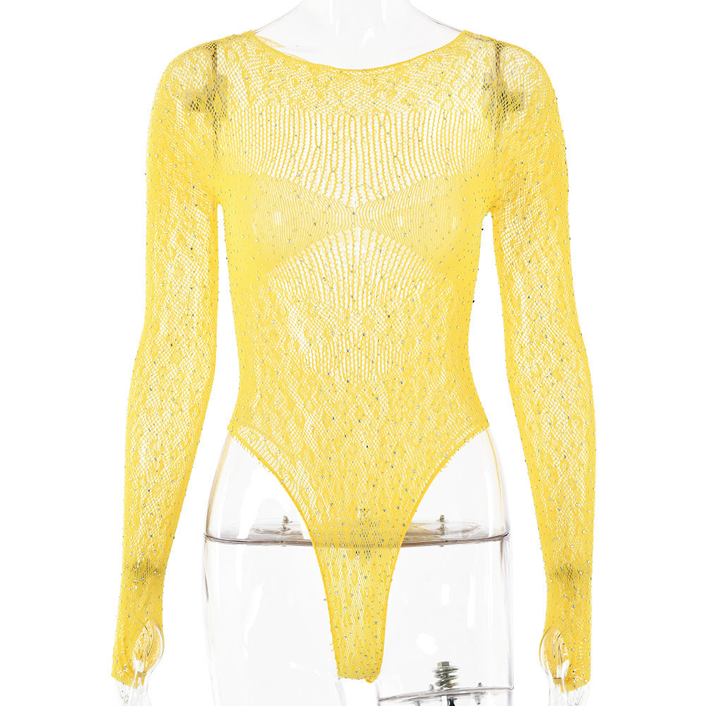 Women's Jumpsuit,Tight High Elastic Knitted Sheer Long Sleeves