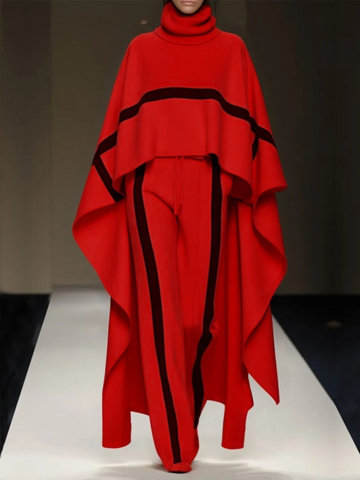 Loose Shawl Women's Cloak Turtleneck Pants Suit, Plus Sizes