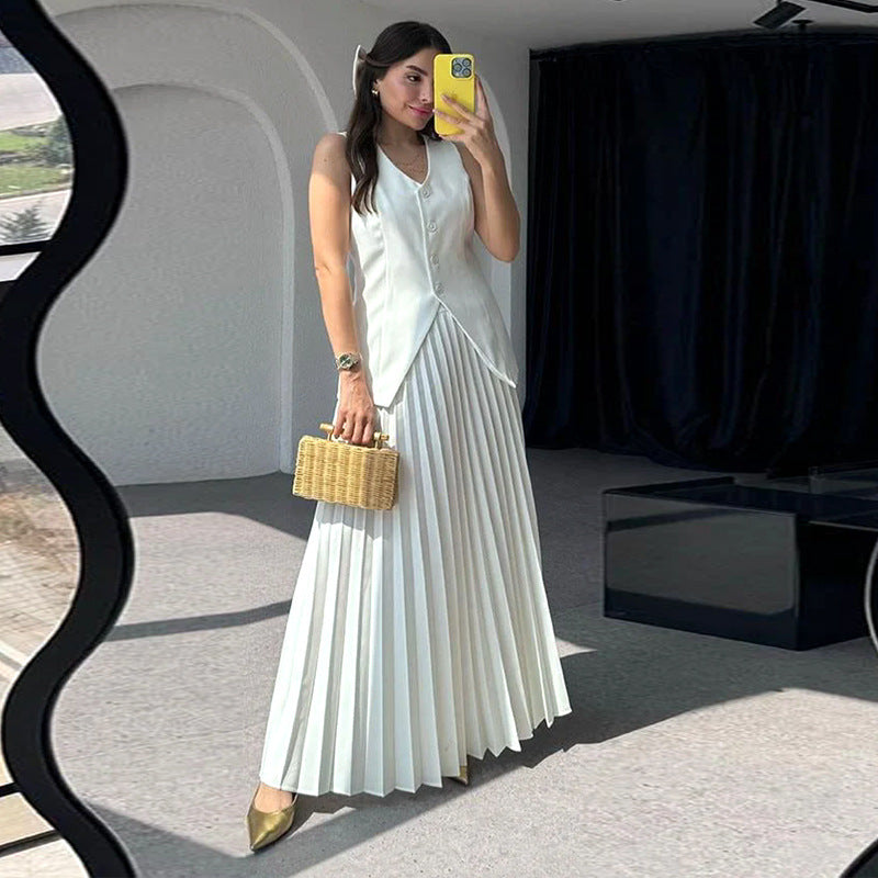 Vireous Tailored Pleated Dress, Elegant Women's Two-Piece Suit