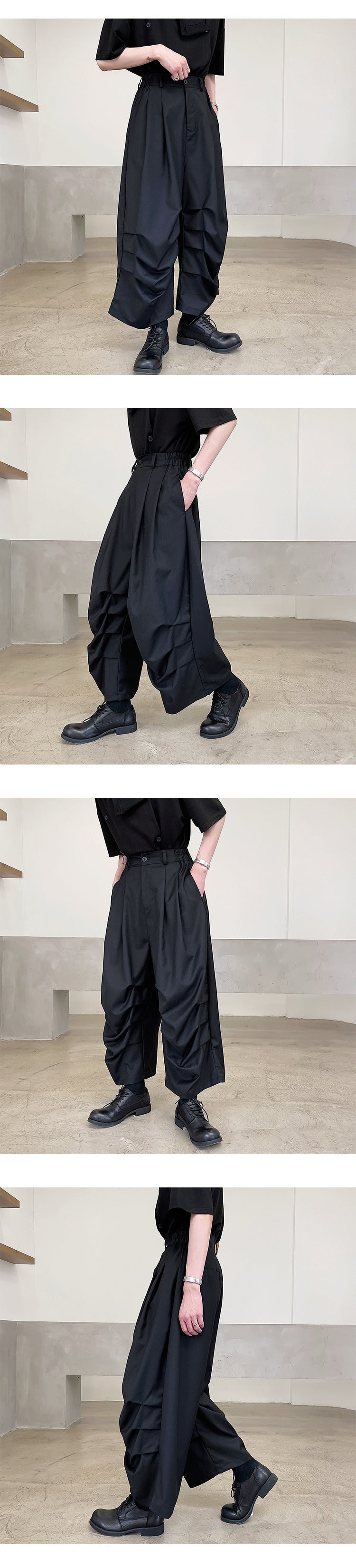 High Street Trendy, Dark Pleated Cropped Stage Wear Casual Unisex Pants