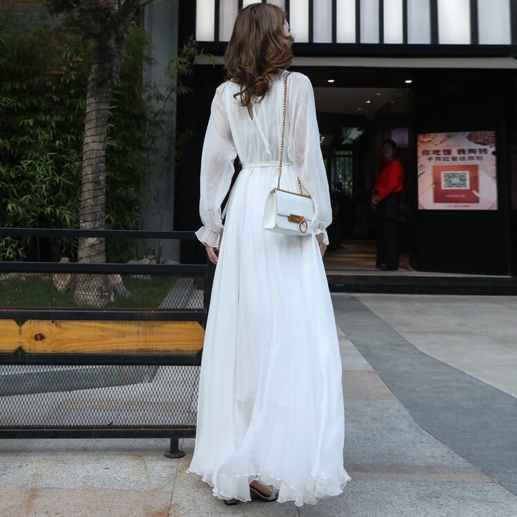 Vireous Flowy Long Sleeve Chiffon Lightweight Dress