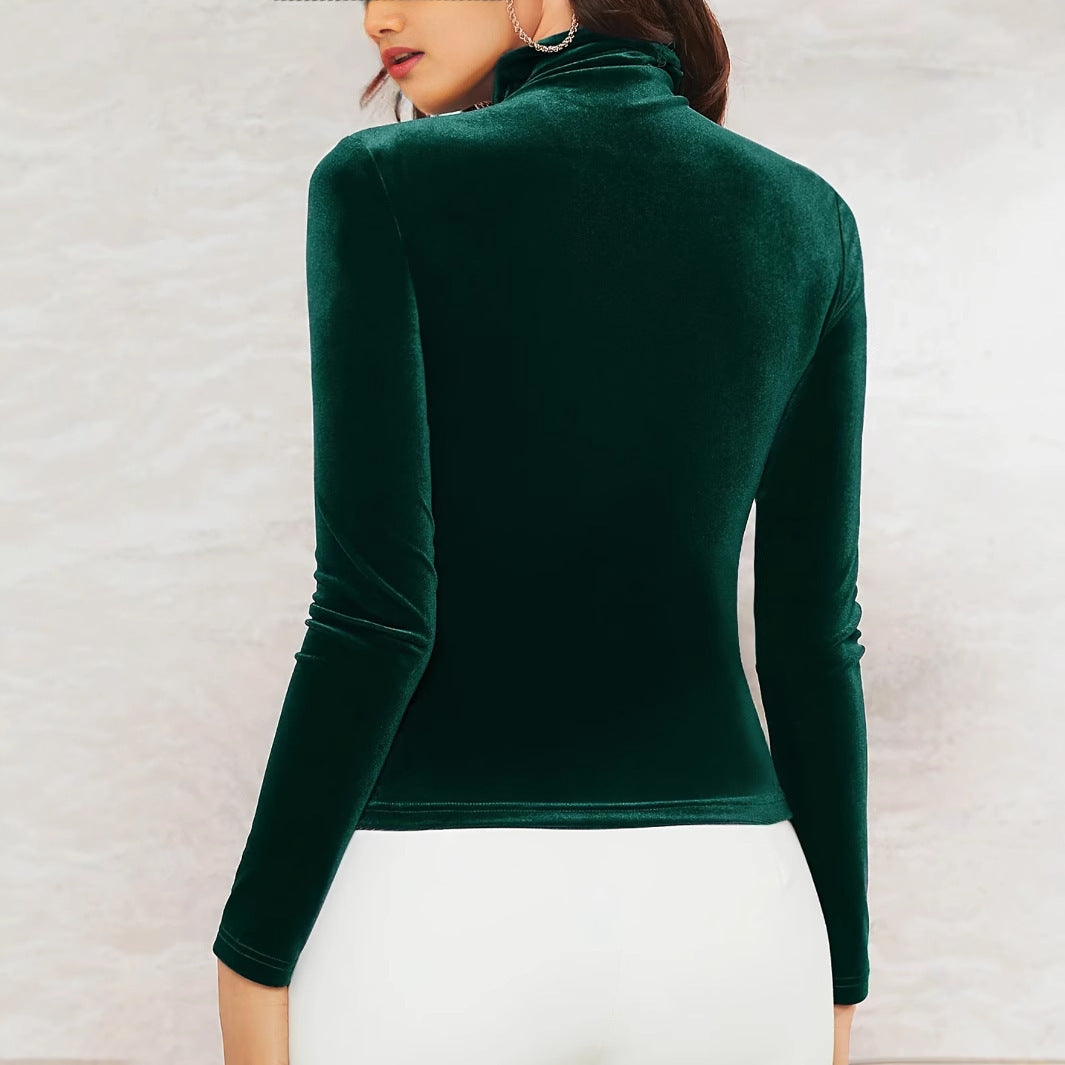Vireous Women's Velvet Turtleneck Top, Dark Green Long Sleeve Elegant Top