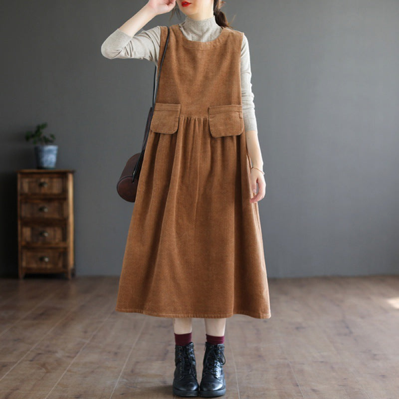 Corduroy Midi Dress, Artistic Plus-Size Sleeveless Vest Dress – Vireous.Shop