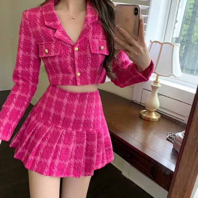 Vintage Pink Tweed Women's Two-Piece Set
