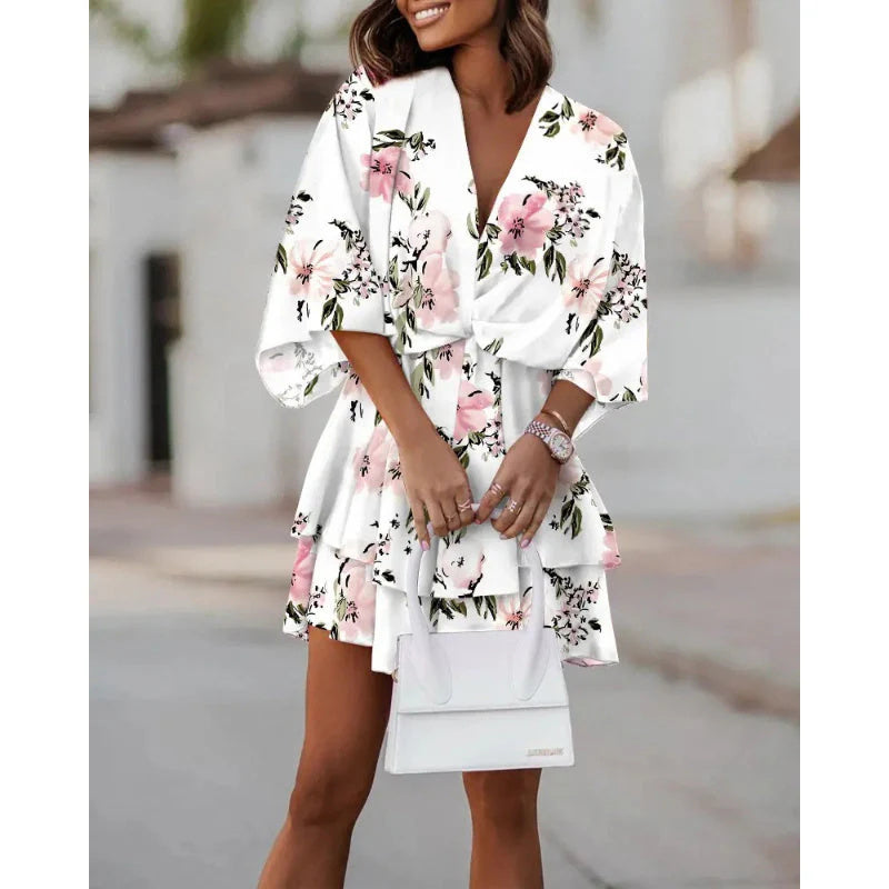 Vireous Fashion Print Doll-Sleeve Loose Summer Dress